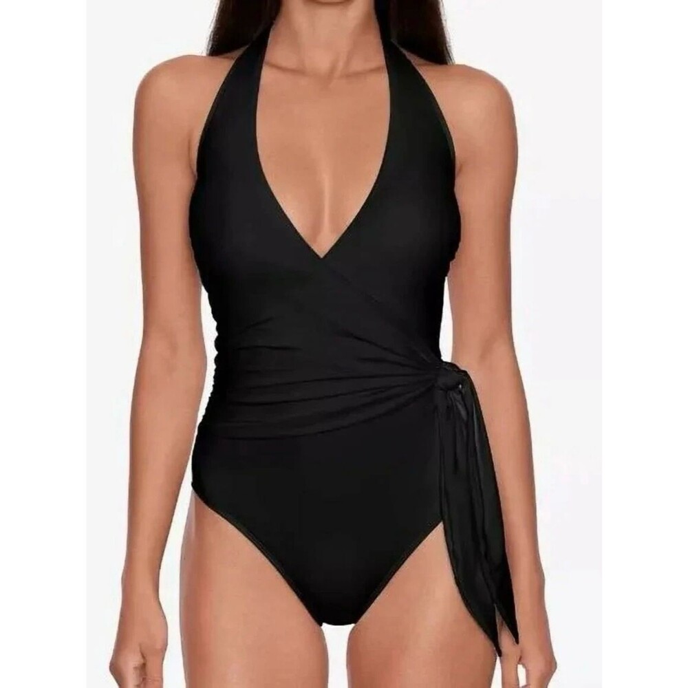 NWT Lauren Ralph Lauren Black Wrap Halter One Piece Swimsuit Tummy Control